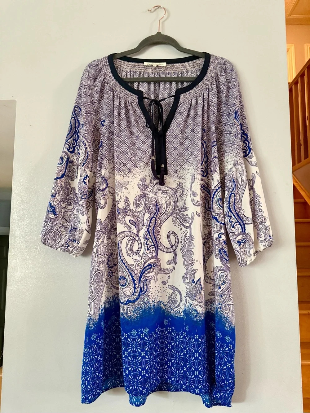 Daniel Rainn Blue Paisley Ombre Tassel Boho Tunic Dress L
